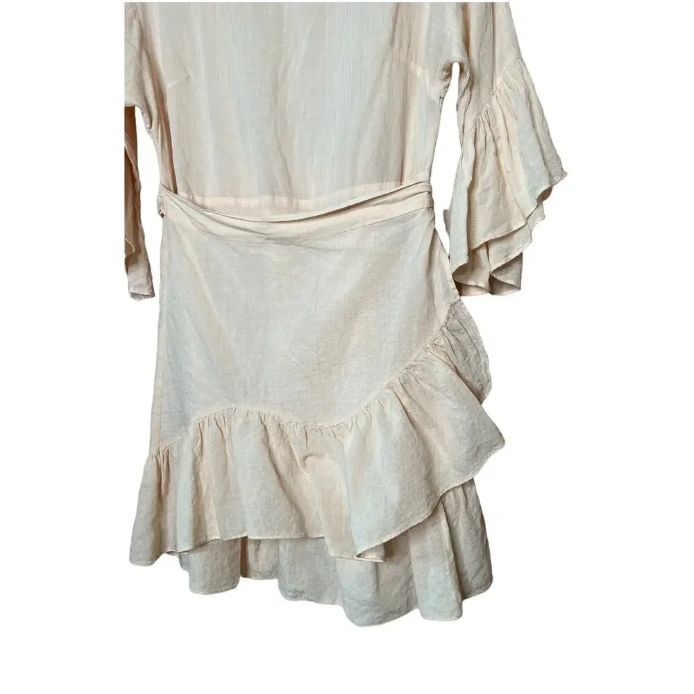 ASTR the Label the suri 3/4-Bell-Sleeve Ruffle Wrap Mini Dress powder pink Sz L